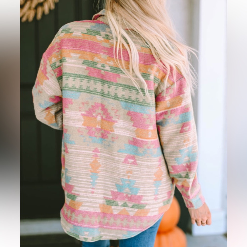 Western Multicolor Aztec Print Button Down Shacket - Picture 2 of 14